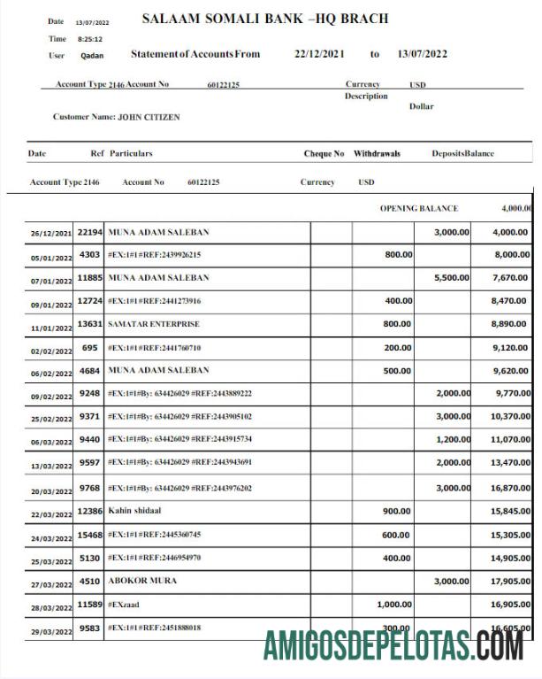 realista Somali Salaam Somali Bank Statement Word e PDF modelo W